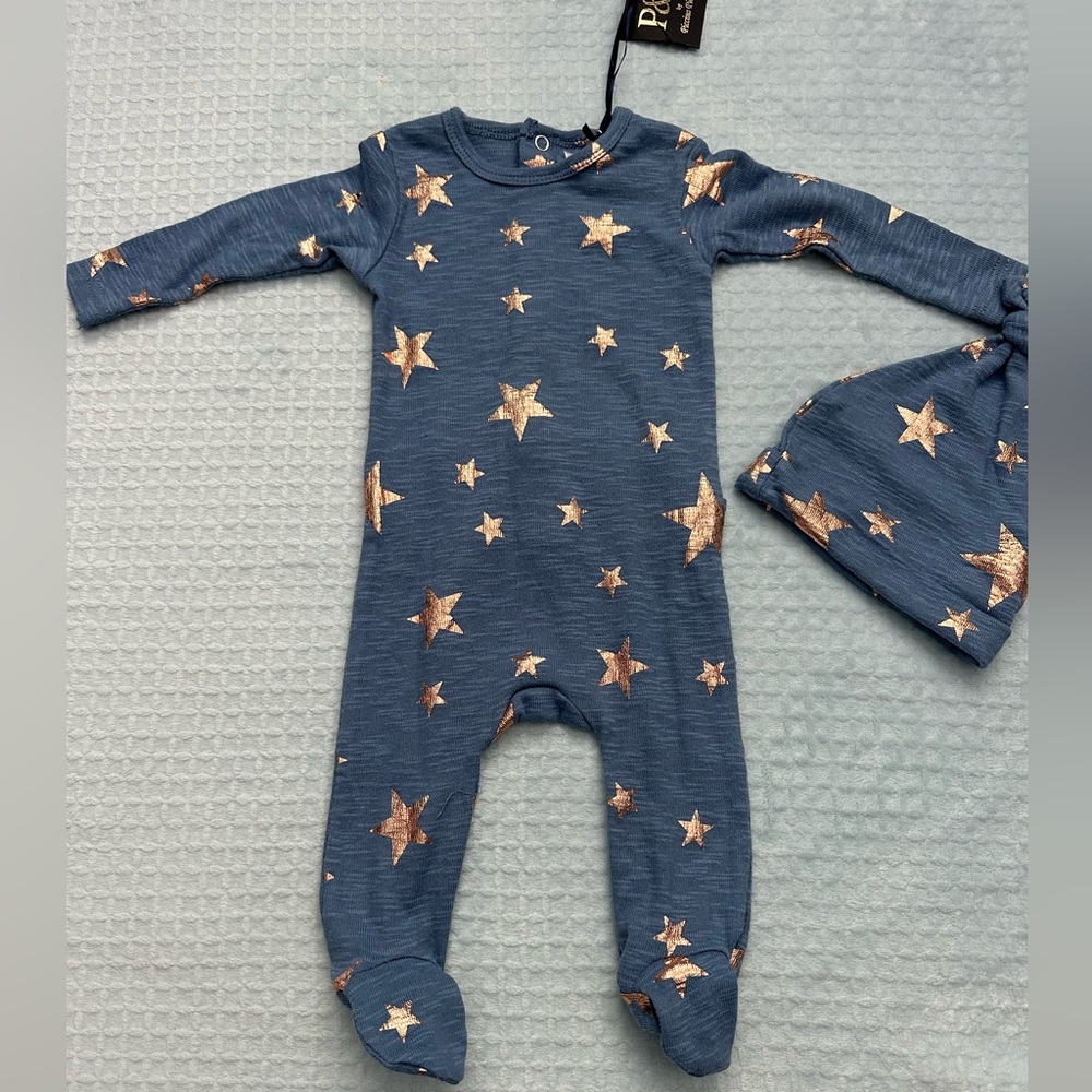 PICCINO & PICCINA Blue Baby Footie Pajama Romper Outfit + Hat 6m NWT
